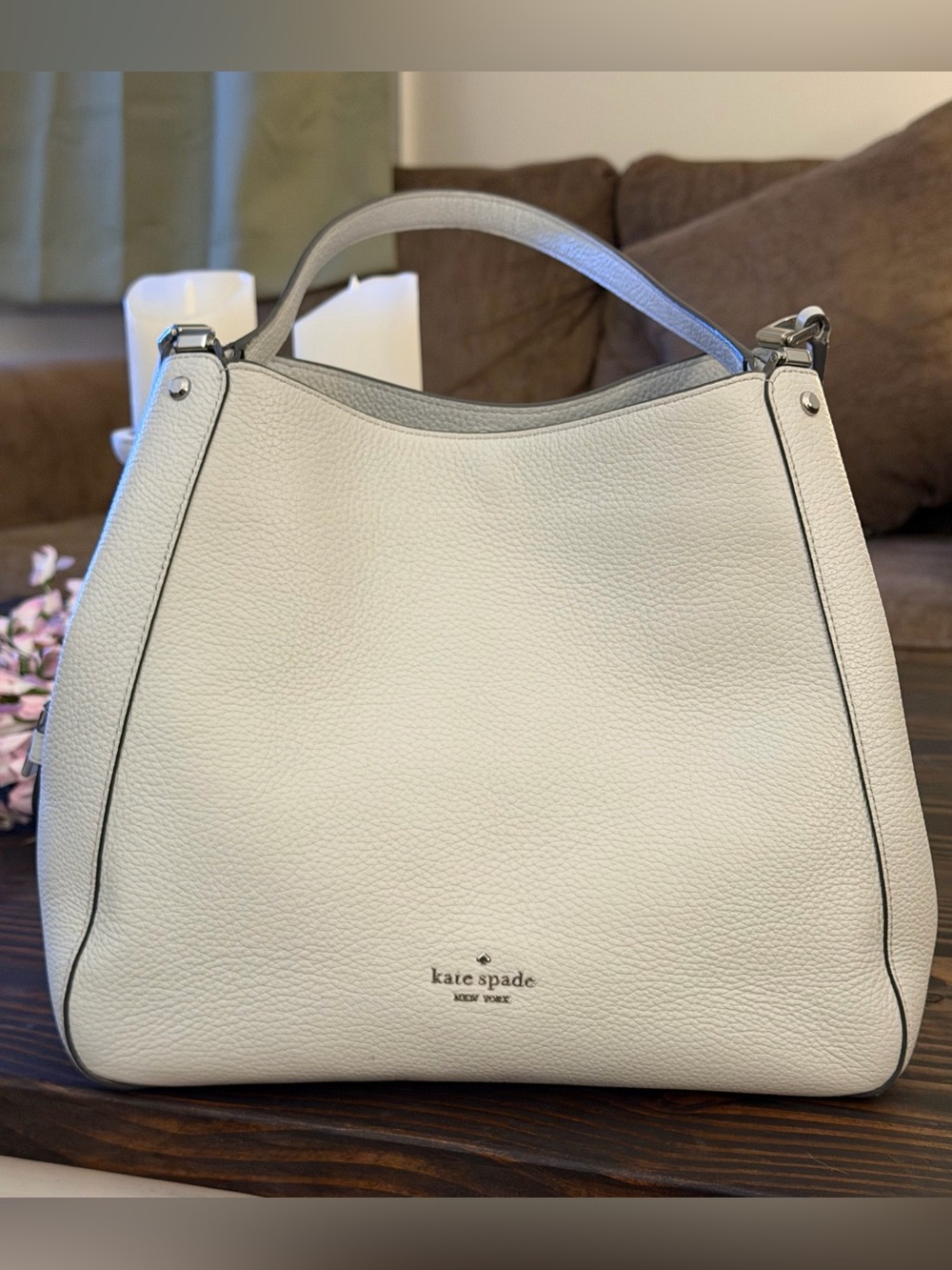 kate spade Light blue-grey Pebbled Leather Shoulder Bag with Silver Hardware